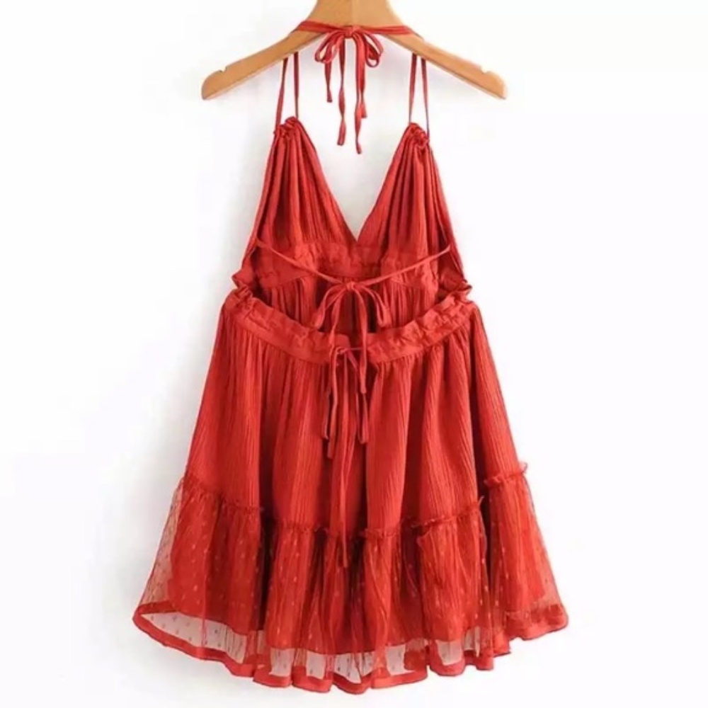 SOLD OUT Red Swiss Dot Ruffle Mesh Halter Mini Dress - Picture 3 of 6